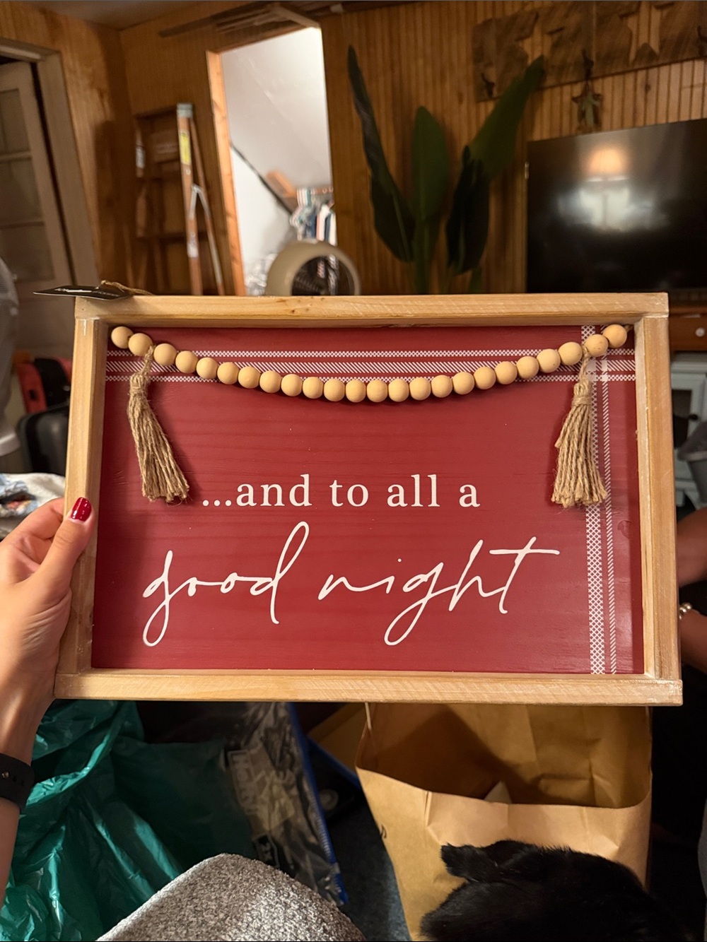 Good Night Wooden Wall Sign - Red with Wood Bead Garland